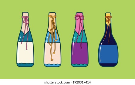 Cute flat sake wine bottles vector cartoon art illustration