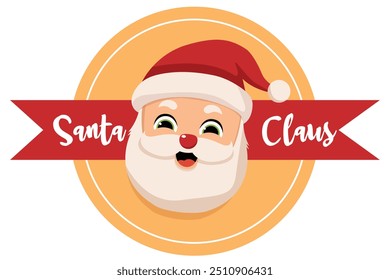 Cute flat Santa Claus vector head with ribbon Santa Claus white and yellow circle isolated background. Santa Claus character.	