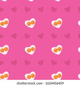 Cute flat seamless valemtine pink pattern. Heart-shape fried eggs and hearts. Valentines day holiday concept. Easter wallpaper or background. Stock vector illustration in cartoon style.