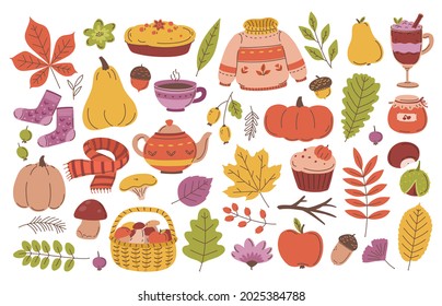 Cute flat set with autumn objects. Colored autumn elements.