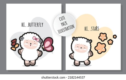 cute flat set illustration of sheep with butterflies and stars