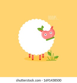 Cute flat sheep character eating green leaves for card. Cartoon vector funny animal. Baby ewe icon for sticker on yellow background. Illustration ooops poster