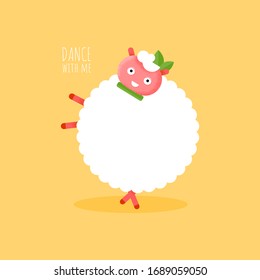 Cute flat sheep character smiling and dancing card. Cartoon vector funny animal. Baby ewe icon for sticker on yellow background. Illustration 