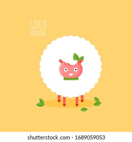 Cute flat sheep character smiling and eating for card. Cartoon vector funny animal. Baby ewe icon for sticker on yellow background. Illustration good morning poster