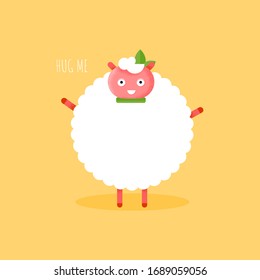 Cute flat sheep character smiling and want to hug for card. Cartoon vector funny animal. Baby ewe icon for sticker on yellow background. Illustration hug me poster