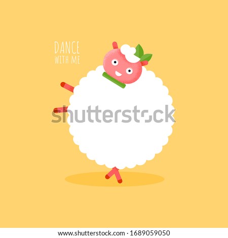 Cute flat sheep character smiling and dancing card. Cartoon vector funny animal. Baby ewe icon for sticker on yellow background. Illustration 
