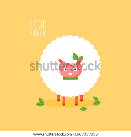 Cute flat sheep character smiling and eating for card. Cartoon vector funny animal. Baby ewe icon for sticker on yellow background. Illustration good morning poster