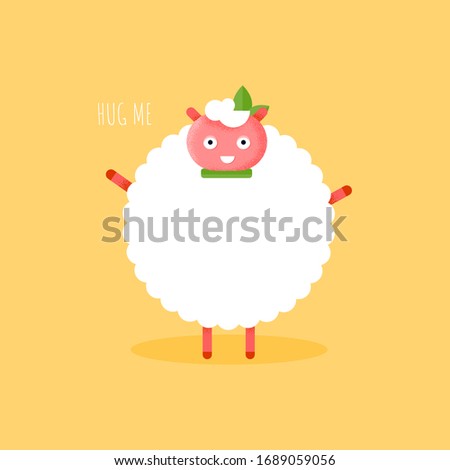 Cute flat sheep character smiling and want to hug for card. Cartoon vector funny animal. Baby ewe icon for sticker on yellow background. Illustration hug me poster