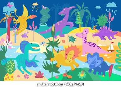 Dinosaurio en el parque Jurásico. Ilustración de color del vector. Antecedentes de rompecabezas, afiches, fondos de pantalla, imágenes para juegos infantiles (por ejemplo, cuenta los dinosaurios).