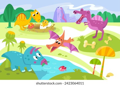 Cute flat simple dinosaurs in Jurassic Park. Vector colour illustration. Cartoon scene for design. Prehistoric forest.