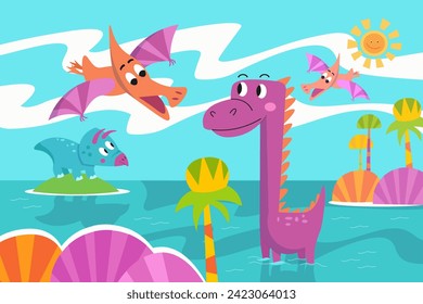 Cute flat simple dinosaurs in Jurassic Park. Vector colour illustration. Cartoon scene for design. Prehistoric forest.