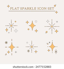 Cute flat simple minimal line illustration set of sparkle twinkle star icon elements. Manga cartoon style. For scrapbooking, graphic, social media, decoration