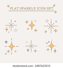 Cute flat simple minimal line illustration set of sparkle twinkle star icon elements. Manga cartoon style. For scrapbooking, graphic, social media, decoration