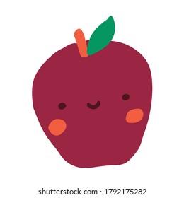 Cute flat single fruit. Cartoon smiley apple. Healthy food. Vector hand drawn illustration on white background