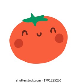 Cute flat single vegetable. Cartoon smiley tomato. Healthy food. Vector hand drawn illustration on white background