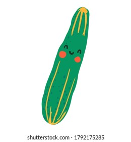 Cute flat single vegetable. Cartoon smiley cucumber. Healthy food. Vector hand drawn illustration on white background