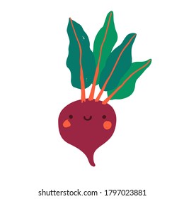 Cute flat single vegetable. Cartoon smiley beets. Healthy food. Vector hand drawn illustration on white background