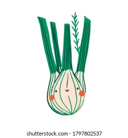 Cute flat single vegetable. Cartoon smiley leek. Healthy food. Vector hand drawn illustration on white background