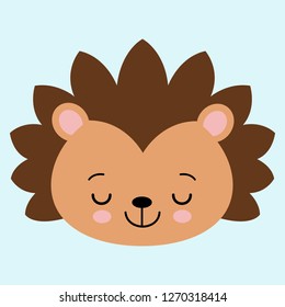 Cute flat sleeping hedgehog with blush. Childish illustration. Vector animal on blue background.
