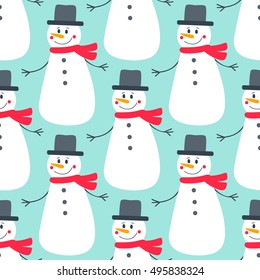 Cute flat snowman. Vector seamless pattern with hand drawn holiday snowmen. Nice Christmas background for your design. On blue backdrop.