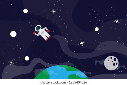 Cute flat space background. Galaxy concept. Can be used template with Astronaut, Spaceship, Moon, Earth, Stars in outer space. Vector illustration.