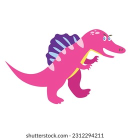 Cute flat  Spinosaurus dinosaur on a white background. Funny cartoon dinosaur isolated on white background for packing paper, fabric, postcard, clothing, printable game card. Vector file. 