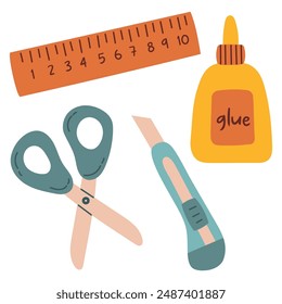 Cute flat stationery set. Scissors, ruler, box cutter, glue. Back to school. Trendy modern vector illustration, isolated on white, hand drawn