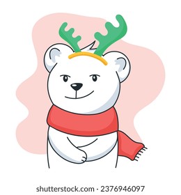 Cute flat sticker of a bear wearing reindeer headband 