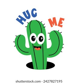 Cute flat sticker of hug me cactus 