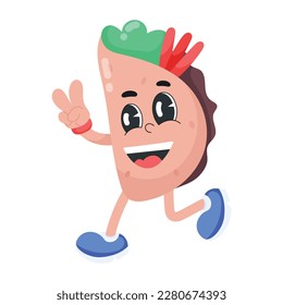 Cute flat sticker of running taco 
