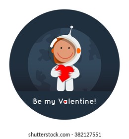 Cute flat style astronaut with heart in his hands. Greeting card eps for valentine's day as cosmic love sign. Space vector illustration ai