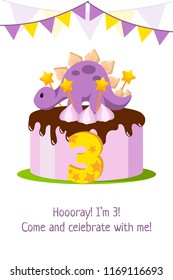 Cute flat style baby dino party greeting card with stegosaur, chocolate birthday cake, stars, flag banner and number 3 made for dino party. For poster, banner, logo, invitation, printing. Funny dino