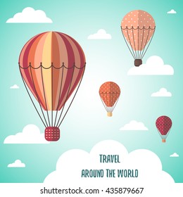 Cute flat style background, card with hot air balloons, sky, white clouds. Postcard about flight, traveling