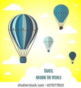 Cute flat style background, card with hot air balloons, sky, white clouds.Romantic postcard about flight, traveling