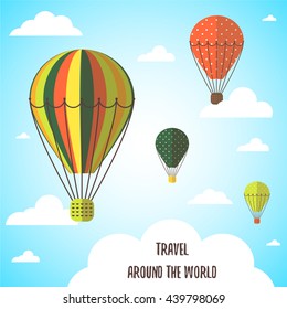 Cute flat style background, card with hot air balloons, sky, white clouds.Romantic postcard about flight, traveling