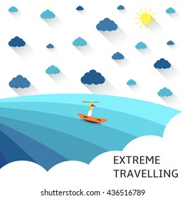 Cute flat style background with water, waves, clouds, sun, man in boat