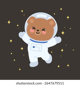 Estilo plano bonito urso astronauta flutuando no espaço com cintilante estrelas ilustração vetor