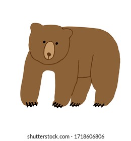 Cute flat style brown bear isolated on white background. Hand drawn wild animal. Simple cute design for print. Stock vector illustration.