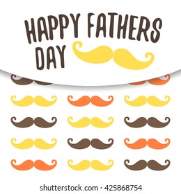 Cute flat style card, postcard, background for happy fathers day. Happy fathers day cover with colorful mustache, shadow, text space, banner