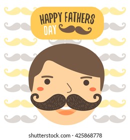 Cute flat style card, postcard, background for happy fathers day. Happy fathers day cover with colorful mustache, father, man face, text space, banner