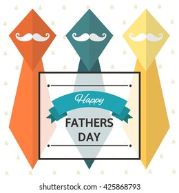 Cute flat style card, postcard, background for happy fathers day. Happy fathers day cover with colorful mustache, father, man, text space, banner