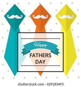 Cute flat style card, postcard, background for happy fathers day. Happy fathers day cover with colorful mustache, father, man, text space, banner