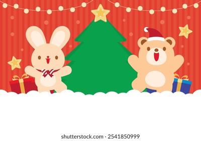 cute flat style cartoon rabbit and bear wear christmas costume with pine tree and gift boxes on snow floor and red background illustration vector in kawaii christmas day theme