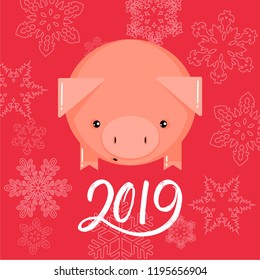 Cute flat style Chinese calendar simbol pig for new year or christmas or pork farm or piglet owner logo, icon, greeting card, poster, banner. Small funny piglet with hand drawn number of year 2019