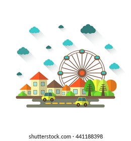 Cute flat style cityscape with houses, road, cars, clouds, trees, ferris wheel. Small town view