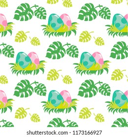 Cute flat style dinosaur eggs in the nest seamless pattern for dino party, baby shower, newborn party, easter. Boy egg, girl egg or twins on one nest. for greeting card, logo, incon, poster, banner.