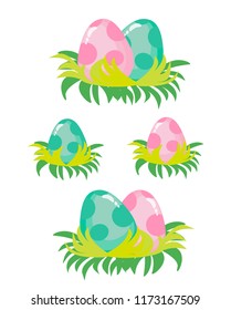 Cute flat style dinosaur eggs in the nest for dino party, baby shower, newborn party, easter. Boy egg, girl egg and twins on one nest. for greeting card, logo, incon, poster, banner.