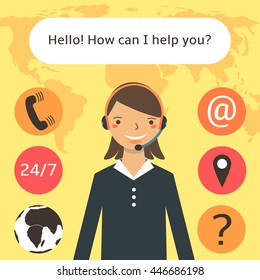 Cute flat style female tv shop, call center operator. Girl in office blouse with earphones and microphone. Elements of this image furnished by NASA
