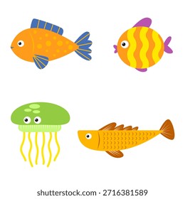 Cute Flat Style Fish and Jellyfish Cartoon Character Illustration
