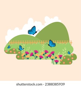 Cute flat style garden with flowers and butterflies Vector